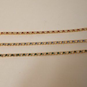 3 rhinestone 9" bracelets clear red dark green blue stone gold tone